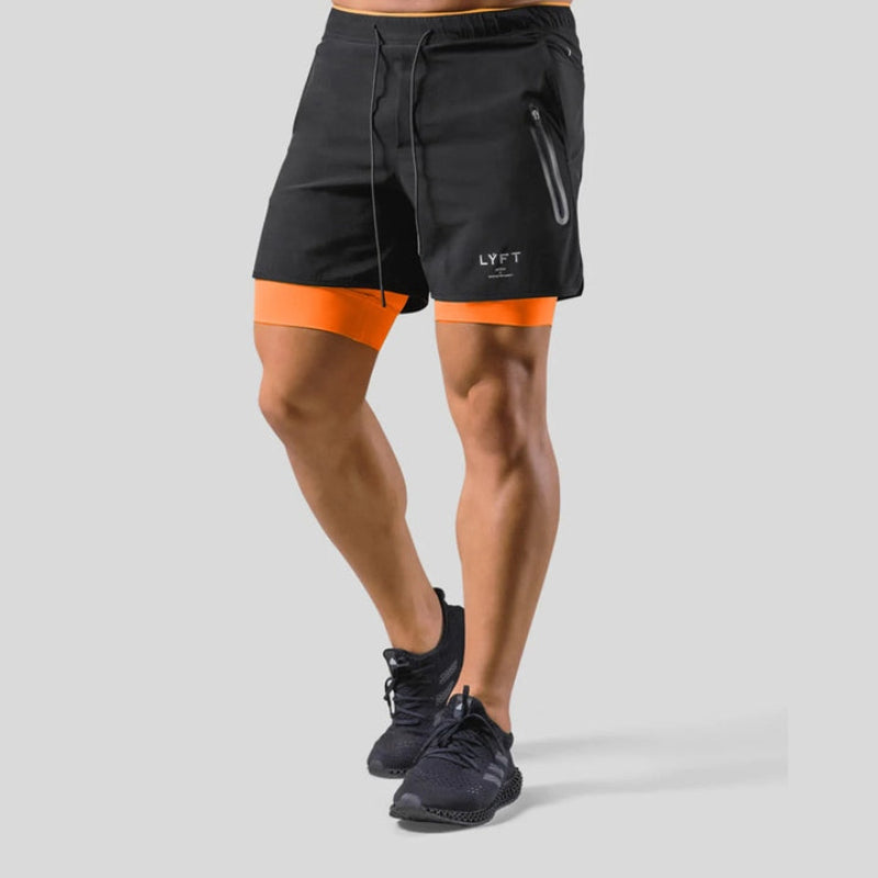 "Mauro 2-in-1 sportbroek heren, zwart, shorts met ingebouwde compressielegging, functionele zakken, elastische tailleband."