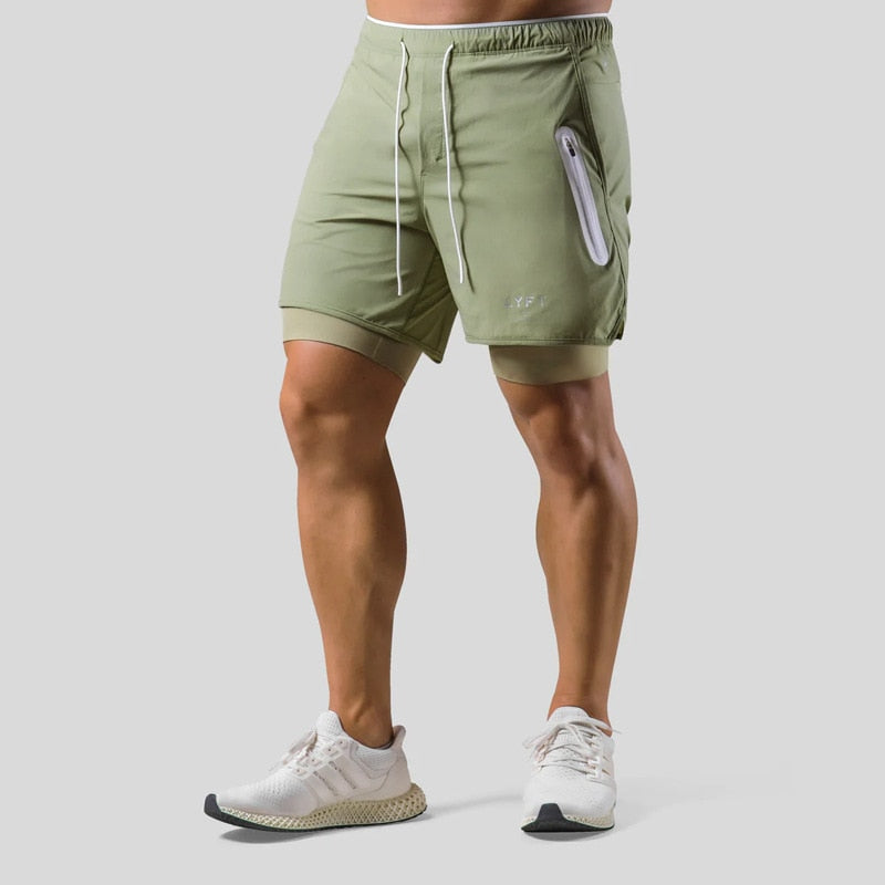 "Mauro 2-in-1 sportbroek heren, zwart, shorts met ingebouwde compressielegging, functionele zakken, elastische tailleband."