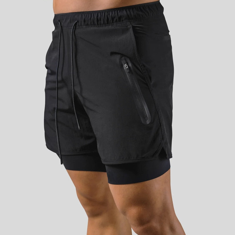 "Mauro 2-in-1 sportbroek heren, zwart, shorts met ingebouwde compressielegging, functionele zakken, elastische tailleband."