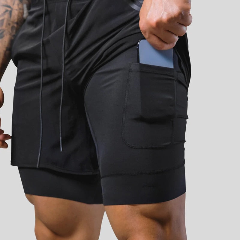 "Mauro 2-in-1 sportbroek heren, zwart, shorts met ingebouwde compressielegging, functionele zakken, elastische tailleband."