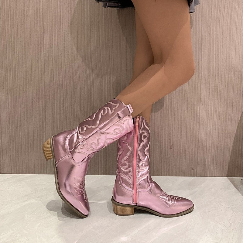 "Metallic cowboylaarzen voor dames, modern design, glanzende zilveren kleur, veelzijdige stijlopties voor elke outfit"
