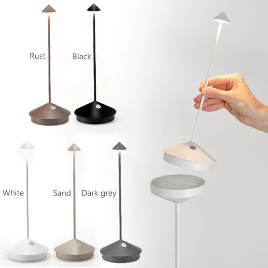 "Minimalistische LED tafellamp, waterdicht en dimbaar, elegant ontwerp; ideale sfeerverlichting voor binnen en buiten."