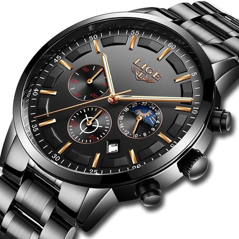 "Modern herenhorloge met zwarte roestvrijstalen band, stijlvol en duurzaam, geschikt voor zakelijke en dagelijkse situaties."