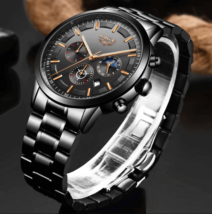 "Modern herenhorloge met zwarte roestvrijstalen band, stijlvol en duurzaam, geschikt voor zakelijke en dagelijkse situaties."