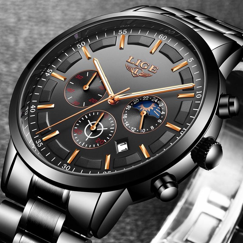 "Modern herenhorloge met zwarte roestvrijstalen band, stijlvol en duurzaam, geschikt voor zakelijke en dagelijkse situaties."