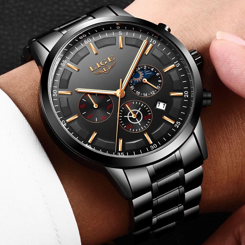 "Modern herenhorloge met zwarte roestvrijstalen band, stijlvol en duurzaam, geschikt voor zakelijke en dagelijkse situaties."