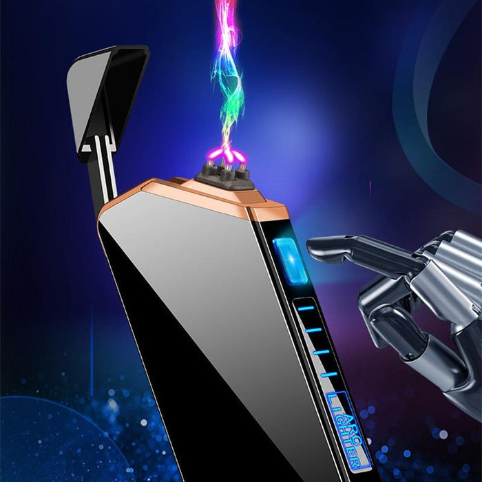 "Modern zwarte elektrische aansteker met plasma-lichtboog, windbestendig en USB-oplaadbaar, veilig zonder gas."