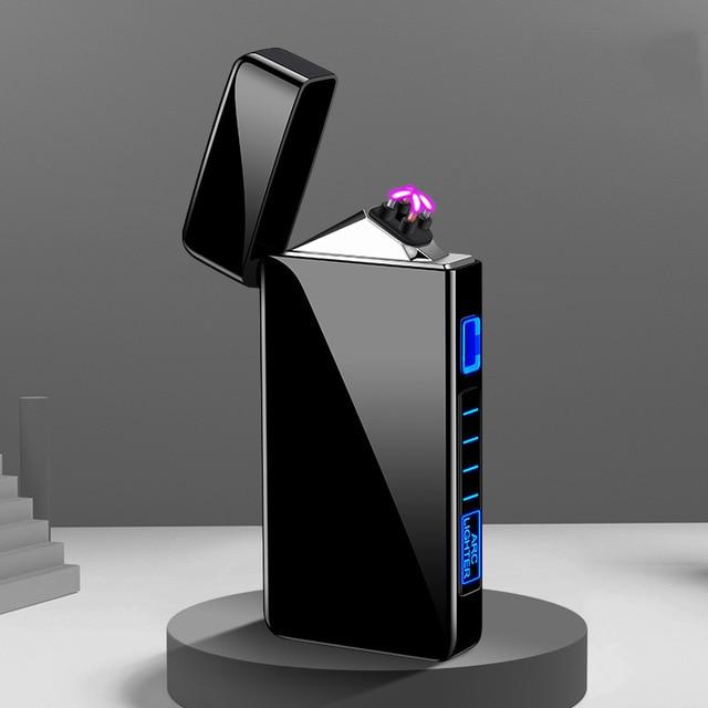 "Modern zwarte elektrische aansteker met plasma-lichtboog, windbestendig en USB-oplaadbaar, veilig zonder gas."