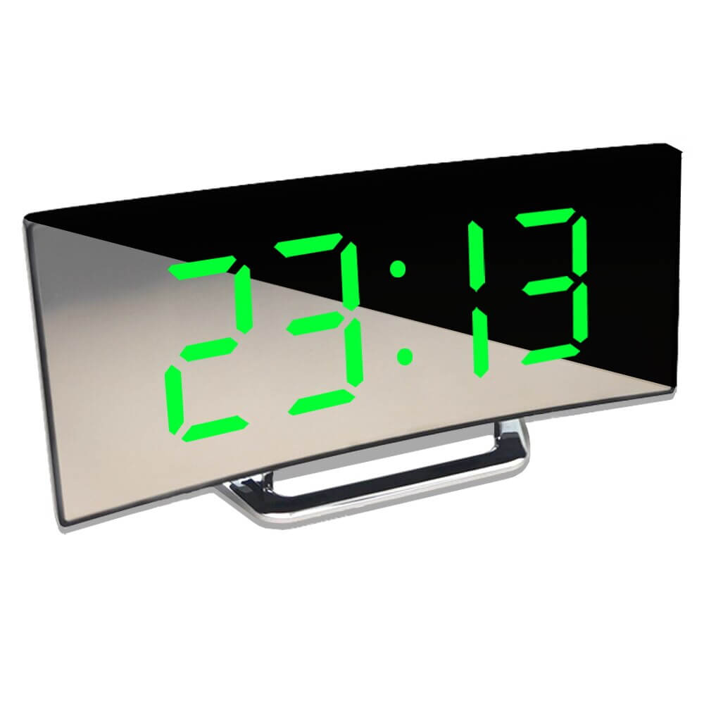 "Moderne gebogen LED wekker met helder display voor optimale zichtbaarheid in slaapkamer of werkplek"