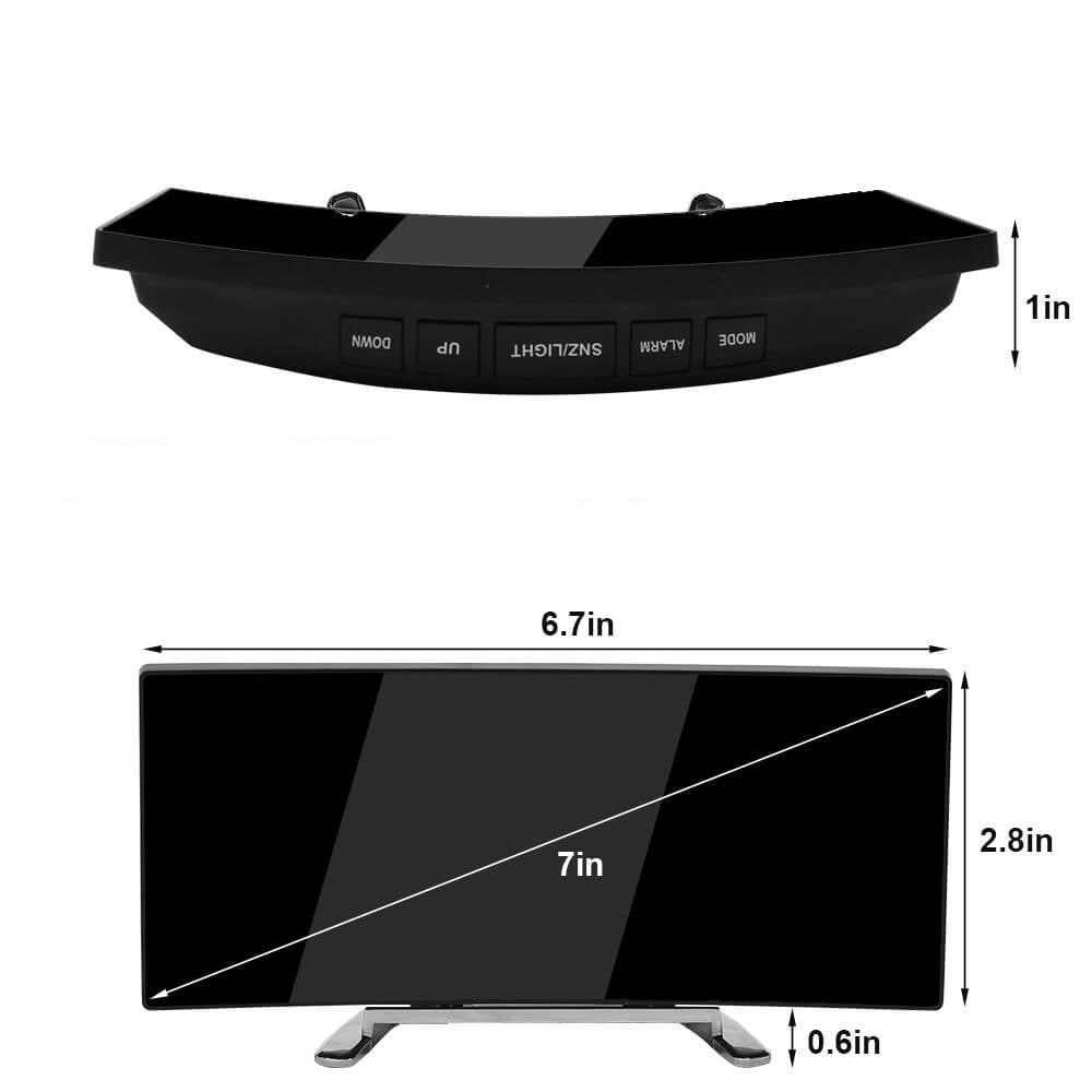 "Moderne gebogen LED wekker met helder display voor optimale zichtbaarheid in slaapkamer of werkplek"