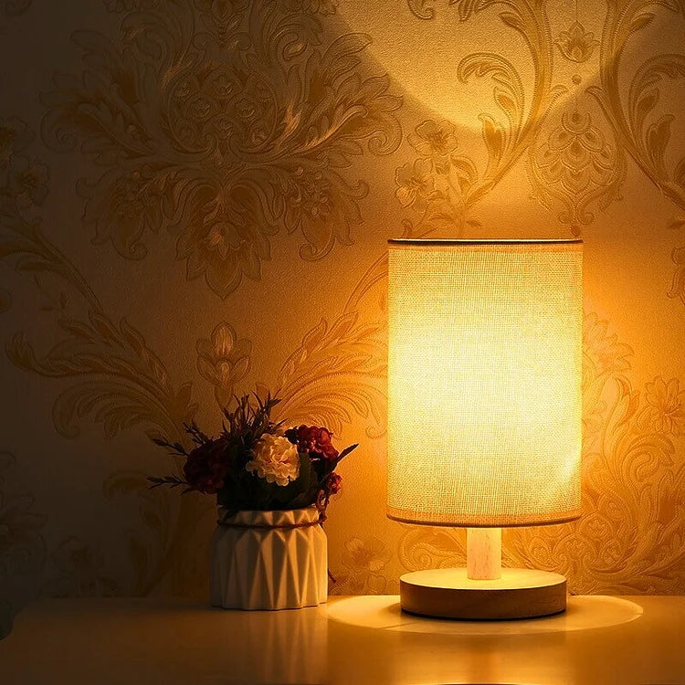 "Moderne houten nachtkastje lamp, tafellamp met dimbaar licht, afstandsbediening, natuurlijke houtlook, USB-aangedreven."