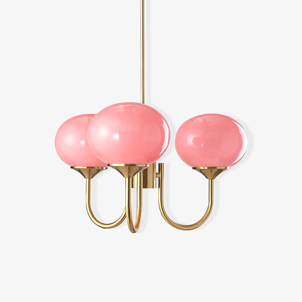 "Moderne kroonluchter met gouden afwerking en roze glazen kappen, geschikt voor LED verlichting in eigentijds interieur."