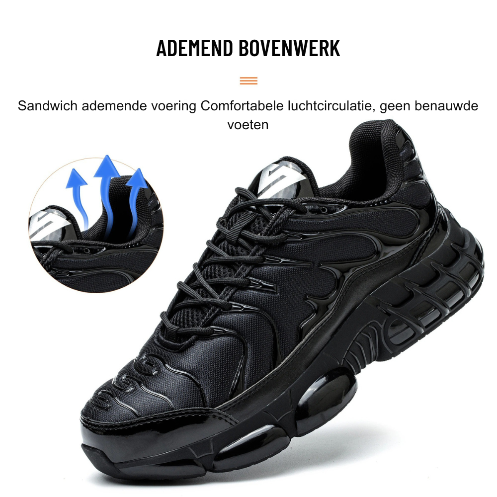 "Moderne veiligheidsschoenen met stalen neus, zwart ontwerp, ademend, antislip zool voor ultiem comfort en veiligheid."