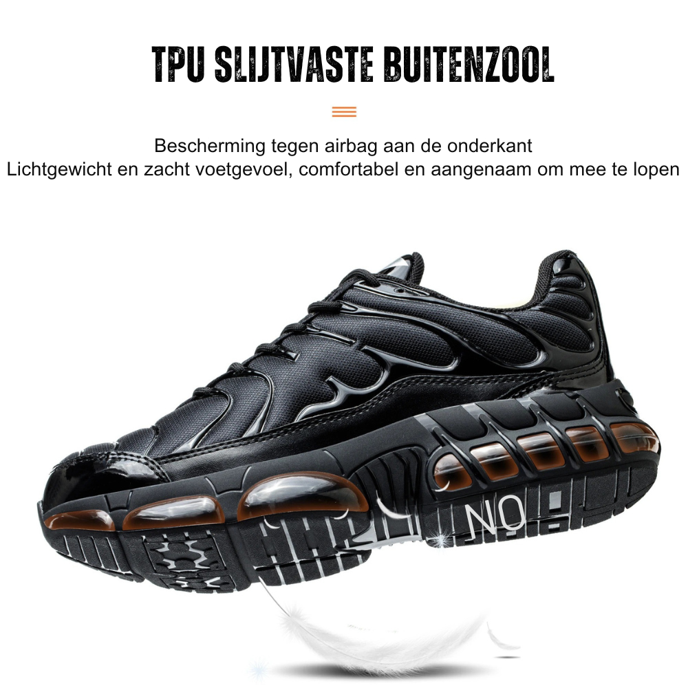 "Moderne veiligheidsschoenen met stalen neus, zwart ontwerp, ademend, antislip zool voor ultiem comfort en veiligheid."