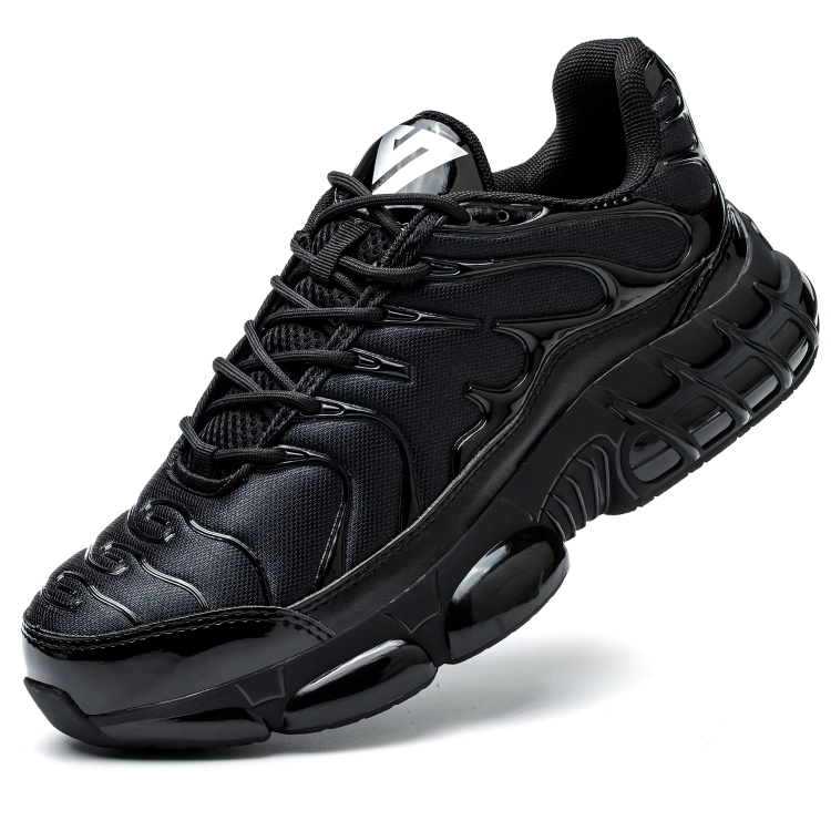 "Moderne veiligheidsschoenen met stalen neus, zwart ontwerp, ademend, antislip zool voor ultiem comfort en veiligheid."