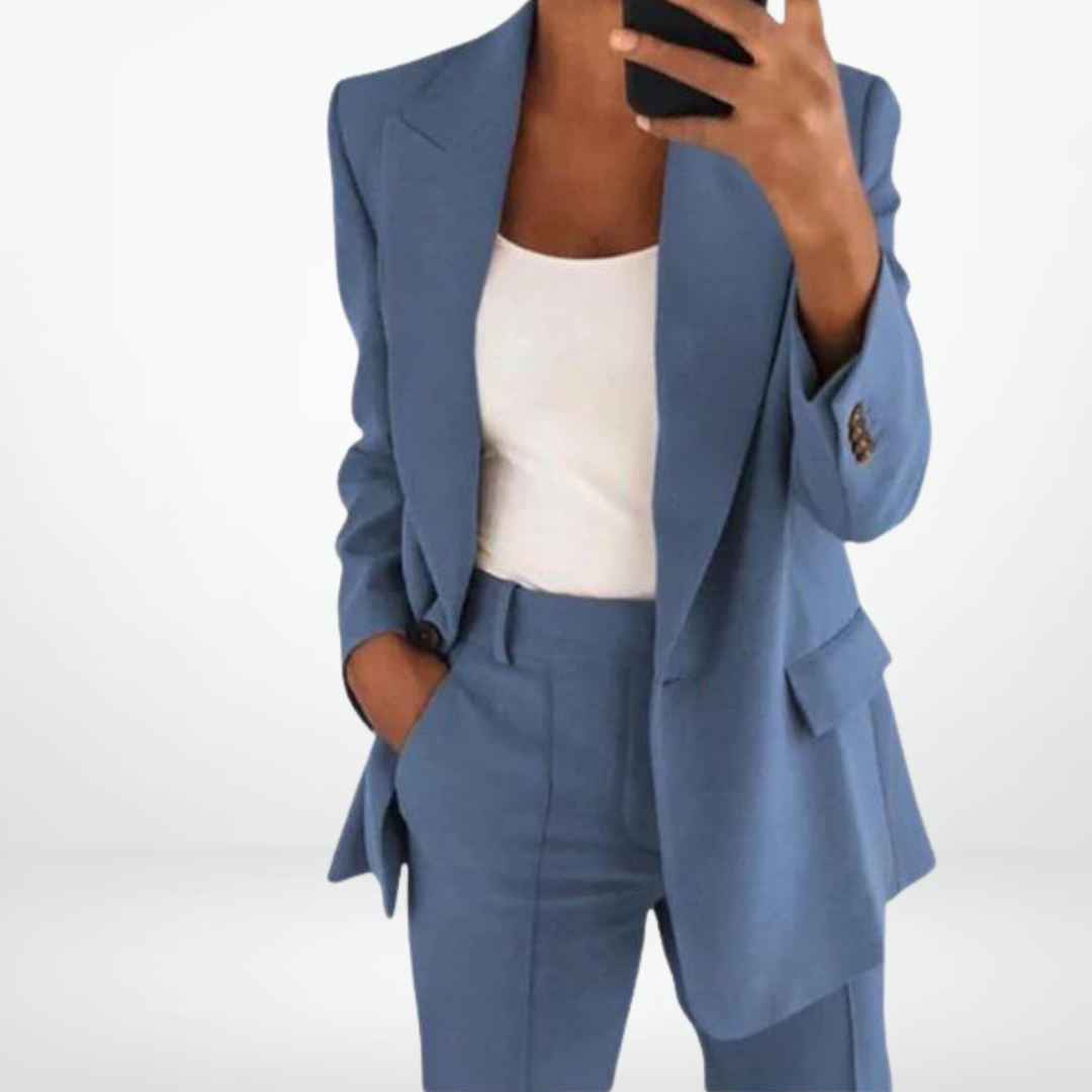 "Modieuze tweedelige dames set met blazer en pantalon, elegante lijnen, beschikbaar in beige, blauw, grijs, khaki, roze, zwar