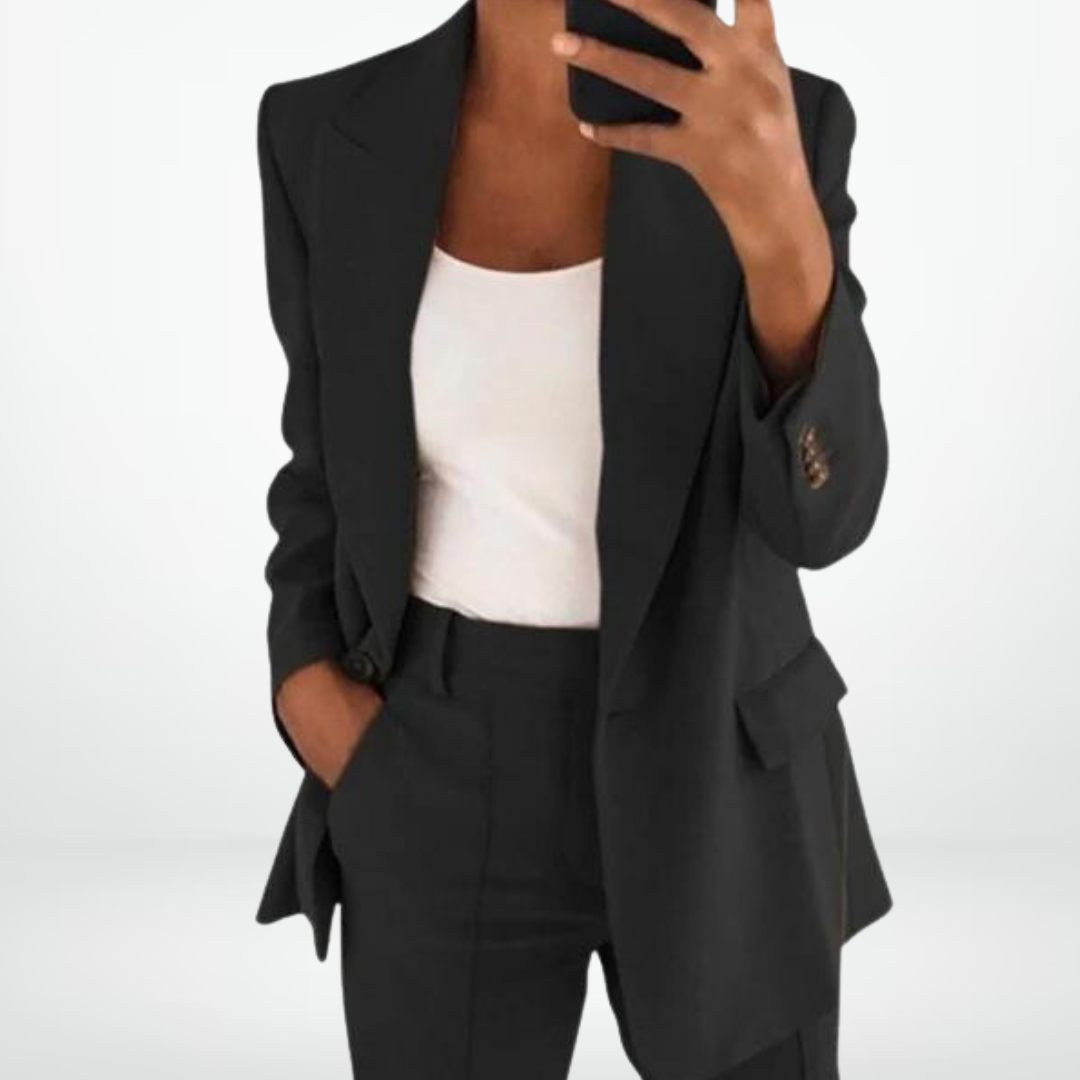 "Modieuze tweedelige dames set met blazer en pantalon, elegante lijnen, beschikbaar in beige, blauw, grijs, khaki, roze, zwar
