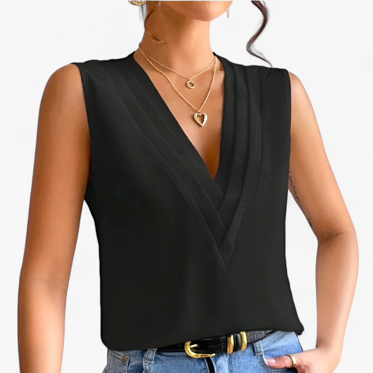 Mouwloze damesblouse met V-hals, elegant en comfortabel, veelzijdig voor elke outfit. Beschikbaar in meerdere moderne kleuren
