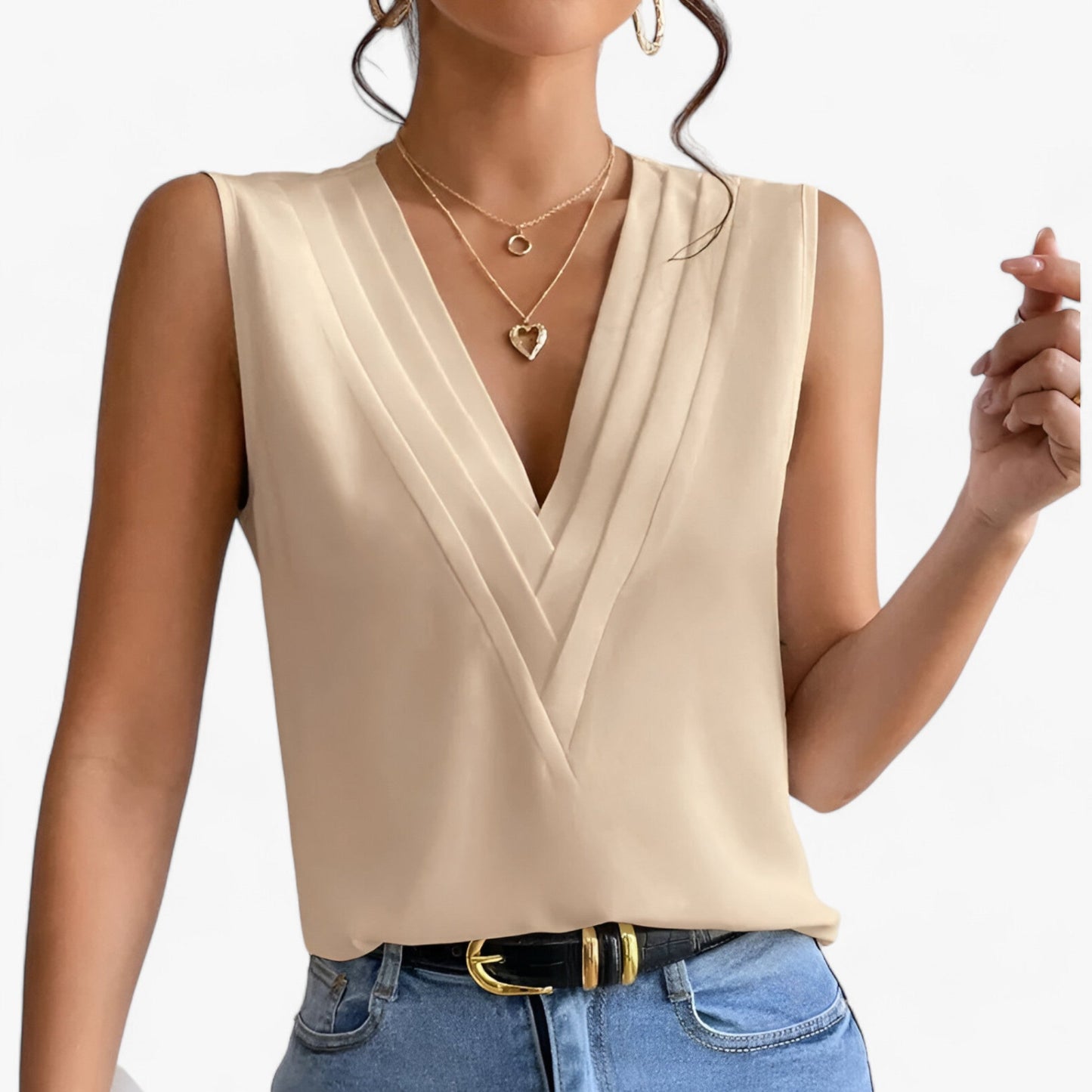 Mouwloze damesblouse met V-hals, elegant en comfortabel, veelzijdig voor elke outfit. Beschikbaar in meerdere moderne kleuren