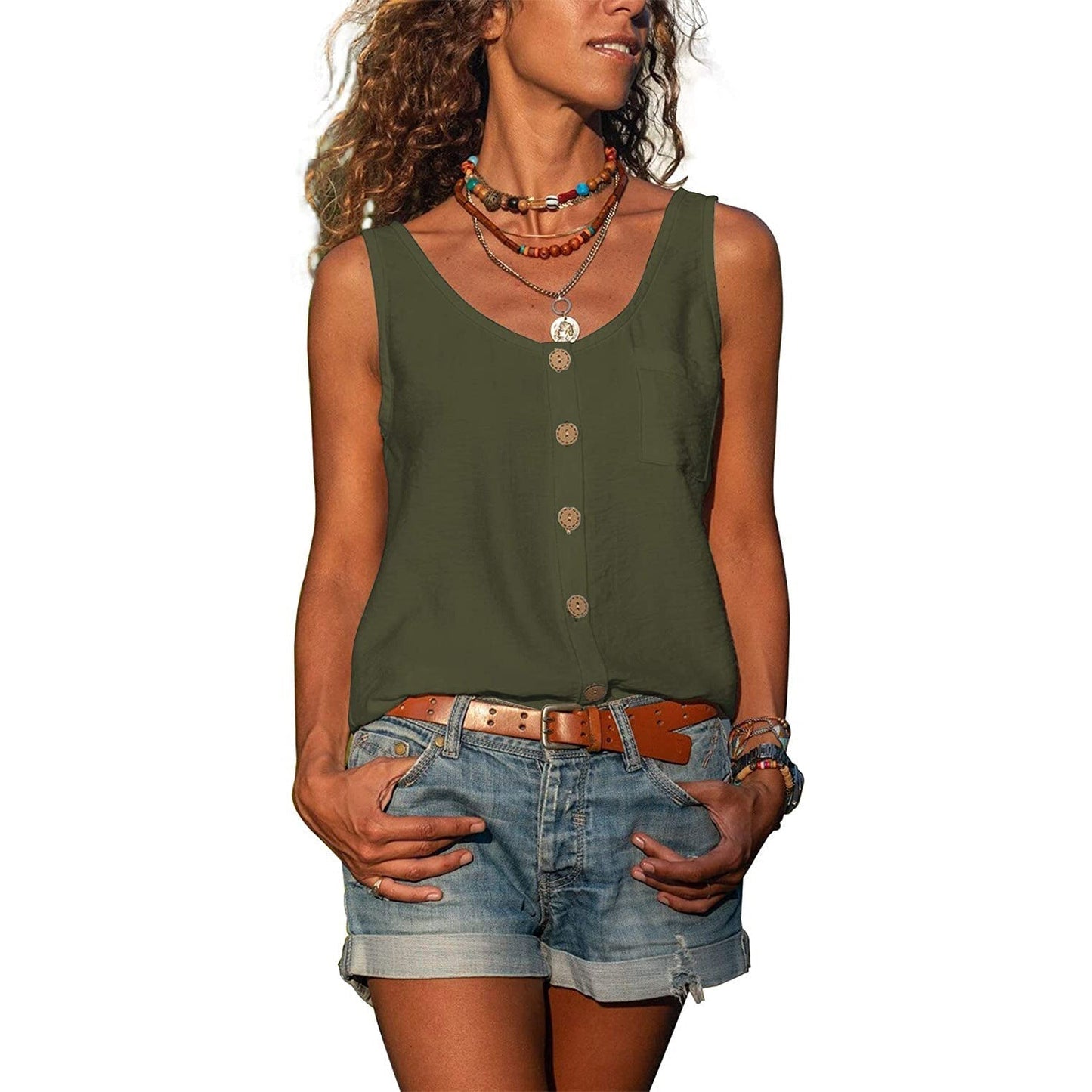 "Mouwloze tanktop met knoopsluiting, perfect voor casual en formele looks, vooraanzicht, elegante uitstraling"