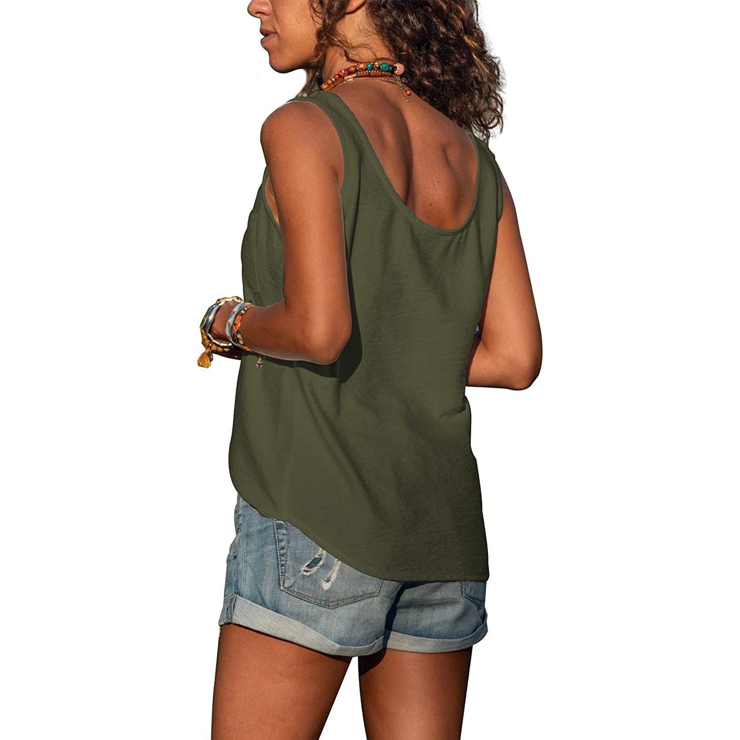 "Mouwloze tanktop met knoopsluiting, perfect voor casual en formele looks, vooraanzicht, elegante uitstraling"