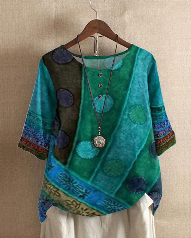 "Myla Blouse dames, retro bohemien print, oversized stijl met vintage flair, geschikt voor casual en formeel gebruik."