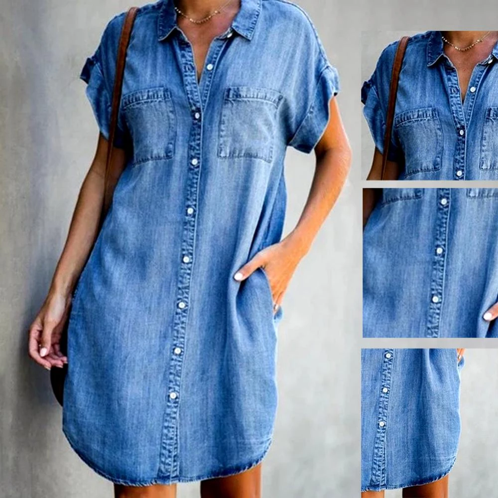 "Nina Denim Jurk Lichtblauw - Comfortabele en veelzijdige lente- en zomerjurk, relaxed fit, ademende denim stof."