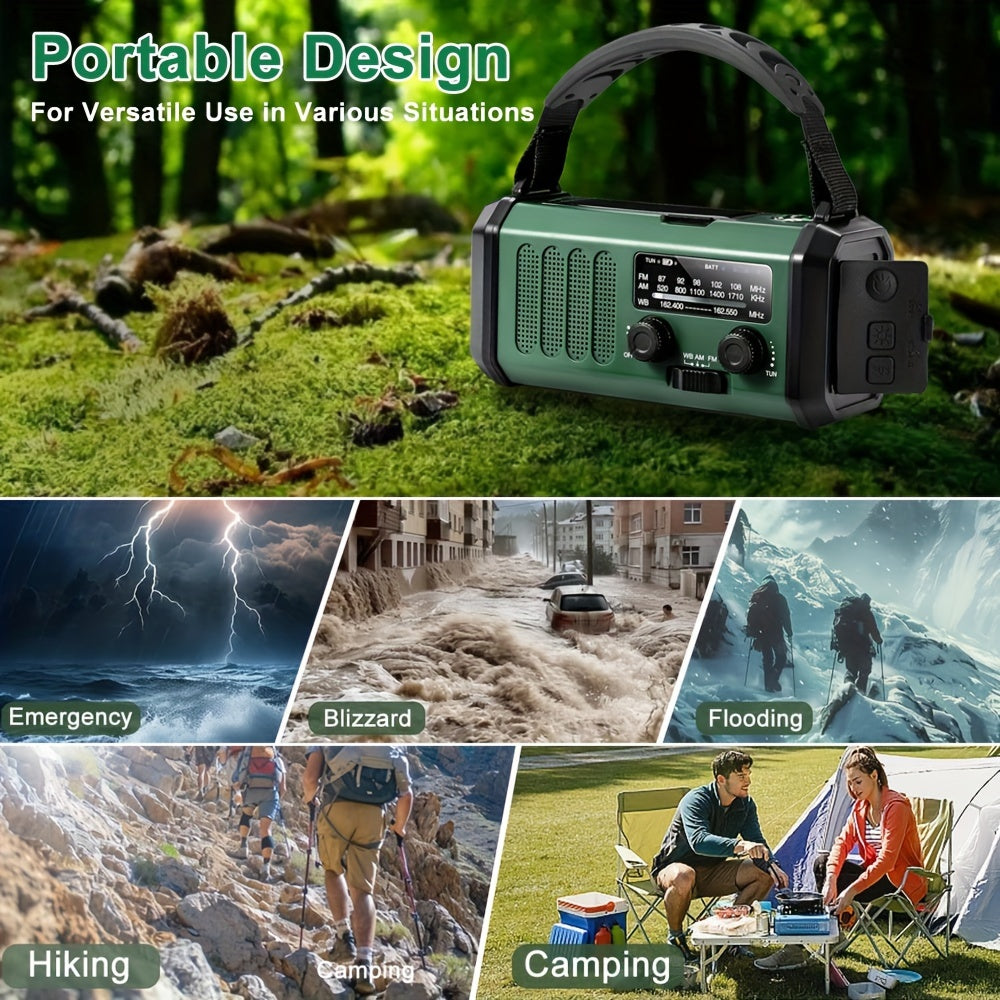 "Noodradio met 10000mAh batterij, zonnepaneel, handdynamo, AM/FM-radio, SOS-alarm en zaklamp, in compact design"