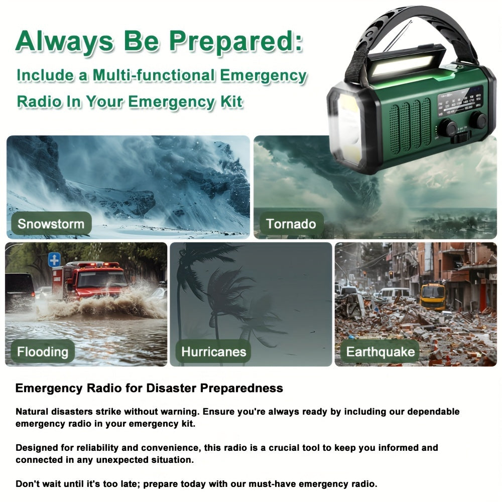 "Noodradio met 10000mAh batterij, zonnepaneel, handdynamo, AM/FM-radio, SOS-alarm en zaklamp, in compact design"