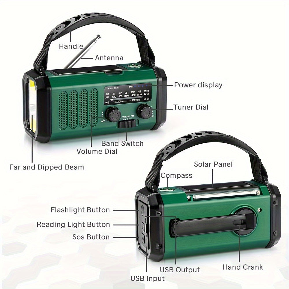 "Noodradio met 10000mAh batterij, zonnepaneel, handdynamo, AM/FM-radio, SOS-alarm en zaklamp, in compact design"