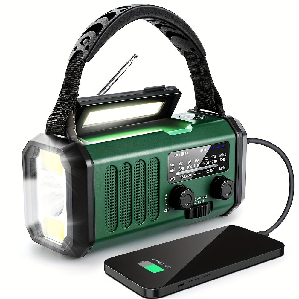 "Noodradio met 10000mAh batterij, zonnepaneel, handdynamo, AM/FM-radio, SOS-alarm en zaklamp, in compact design"