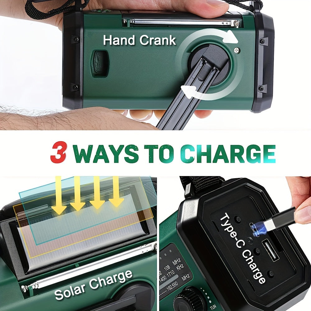 "Noodradio met 10000mAh batterij, zonnepaneel, handdynamo, AM/FM-radio, SOS-alarm en zaklamp, in compact design"