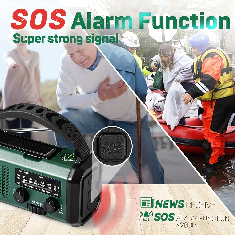 "Noodradio met 10000mAh batterij, zonnepaneel, handdynamo, AM/FM-radio, SOS-alarm en zaklamp, in compact design"