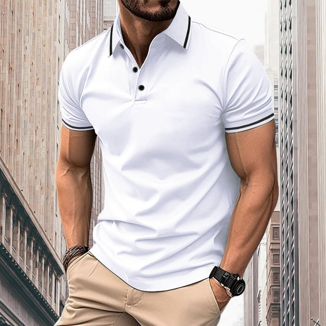 "Oliver Slim Fit Polo voor heren: ademend katoen met contrasterende kraag en mouwdetails, slanke pasvorm."