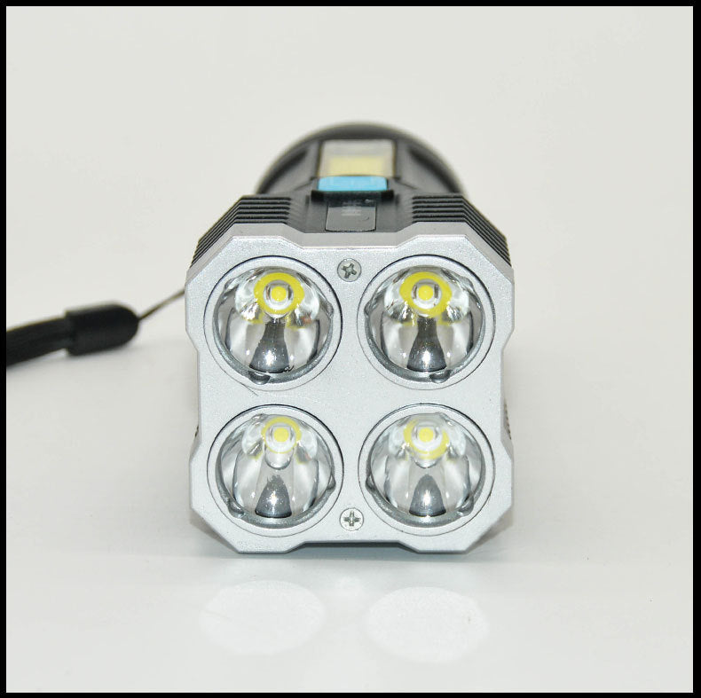 "Oplaadbare waterbestendige zaklamp met 4 krachtige LED's, compact ontwerp en meerdere lichtstanden voor buitengebruik."