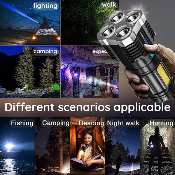 "Oplaadbare waterbestendige zaklamp met 4 krachtige LED's, compact ontwerp en meerdere lichtstanden voor buitengebruik."