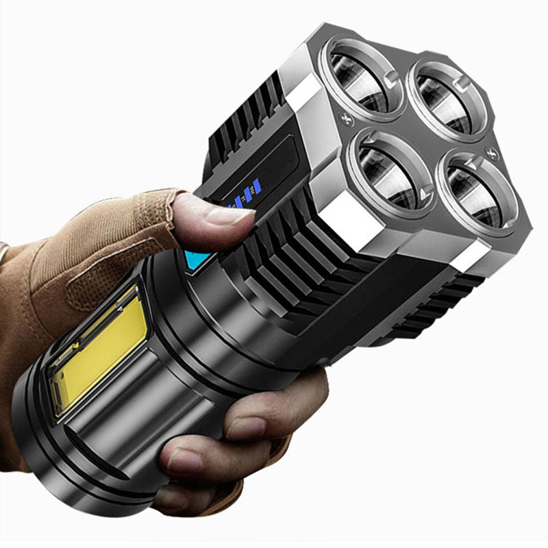 "Oplaadbare waterbestendige zaklamp met 4 krachtige LED's, compact ontwerp en meerdere lichtstanden voor buitengebruik."