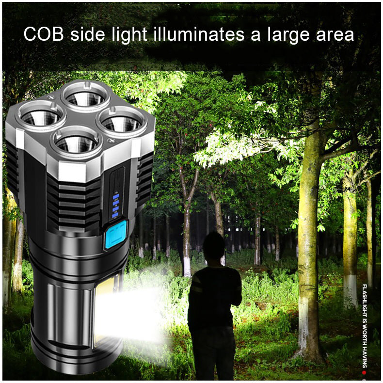 "Oplaadbare waterbestendige zaklamp met 4 krachtige LED's, compact ontwerp en meerdere lichtstanden voor buitengebruik."