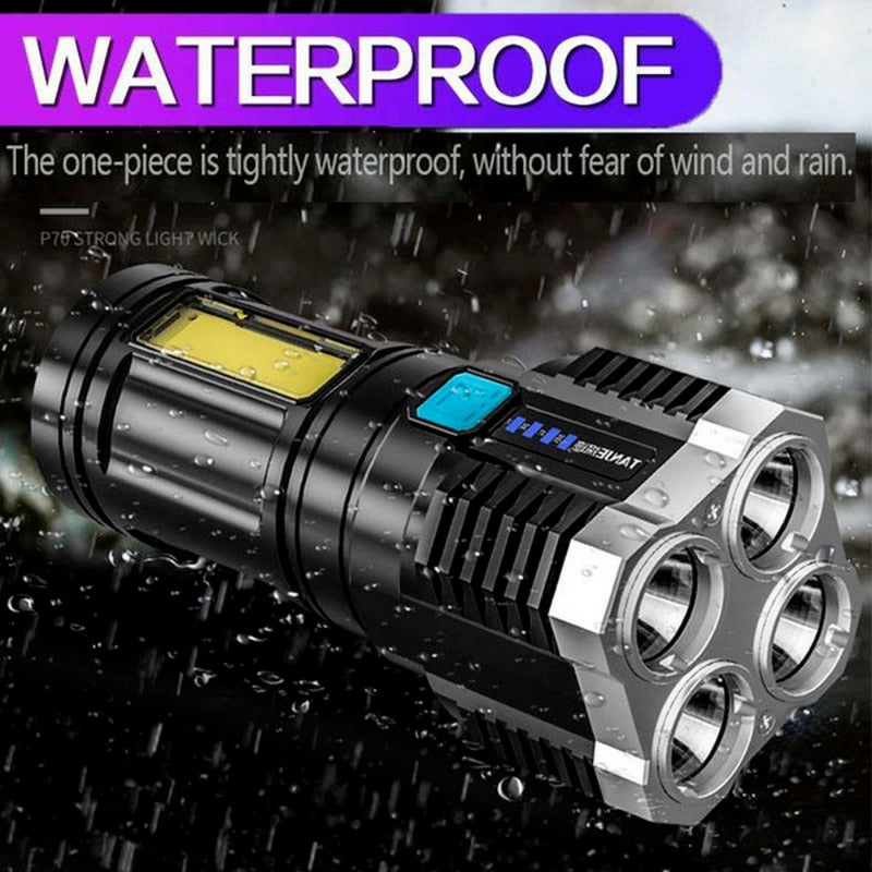 "Oplaadbare waterbestendige zaklamp met 4 krachtige LED's, compact ontwerp en meerdere lichtstanden voor buitengebruik."