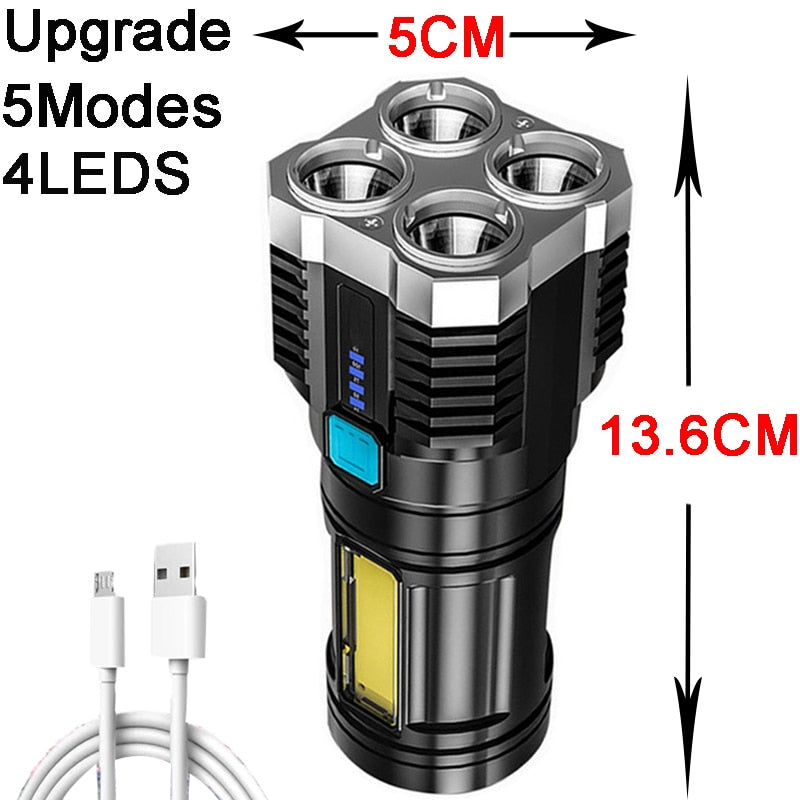 "Oplaadbare waterbestendige zaklamp met 4 krachtige LED's, compact ontwerp en meerdere lichtstanden voor buitengebruik."