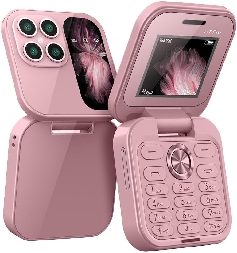 "Opvouwbare dual SIM mini telefoon in blauw, stijlvol design met HD-camera en zaklamp, geschikt voor reizen en back-up."