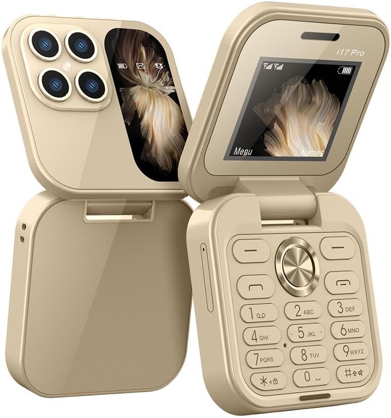 "Opvouwbare dual SIM mini telefoon in blauw, stijlvol design met HD-camera en zaklamp, geschikt voor reizen en back-up."