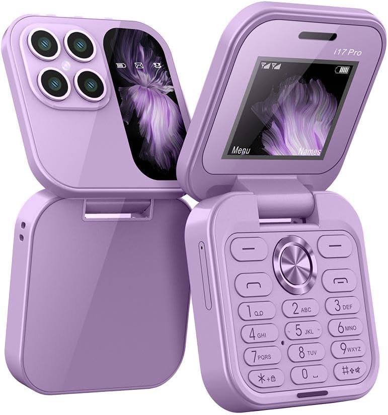 "Opvouwbare dual SIM mini telefoon in blauw, stijlvol design met HD-camera en zaklamp, geschikt voor reizen en back-up."