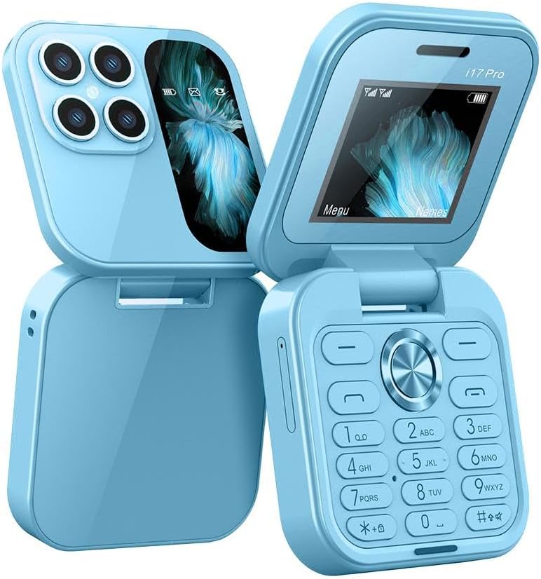 "Opvouwbare dual SIM mini telefoon in blauw, stijlvol design met HD-camera en zaklamp, geschikt voor reizen en back-up."