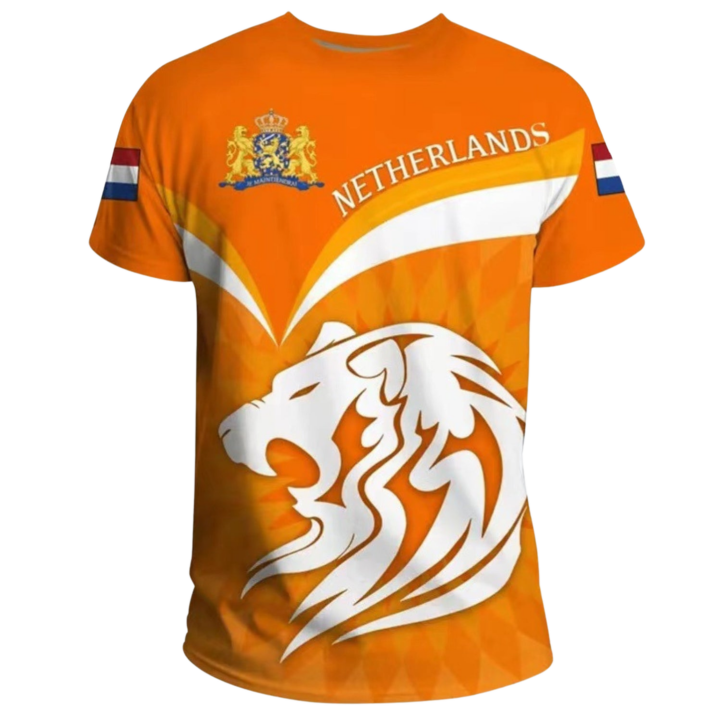 "Oranje Koningsdag T-shirt heren, levendige kleur, oversized fit, ademend polyester, iconische print, vieringen."