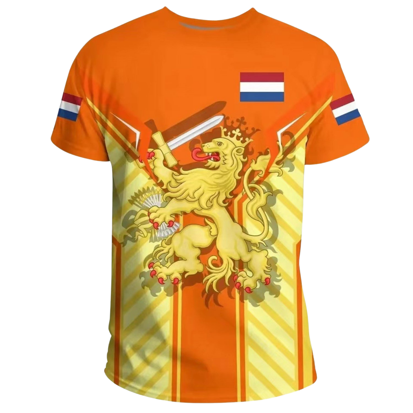 "Oranje Koningsdag T-shirt heren, levendige kleur, oversized fit, ademend polyester, iconische print, vieringen."