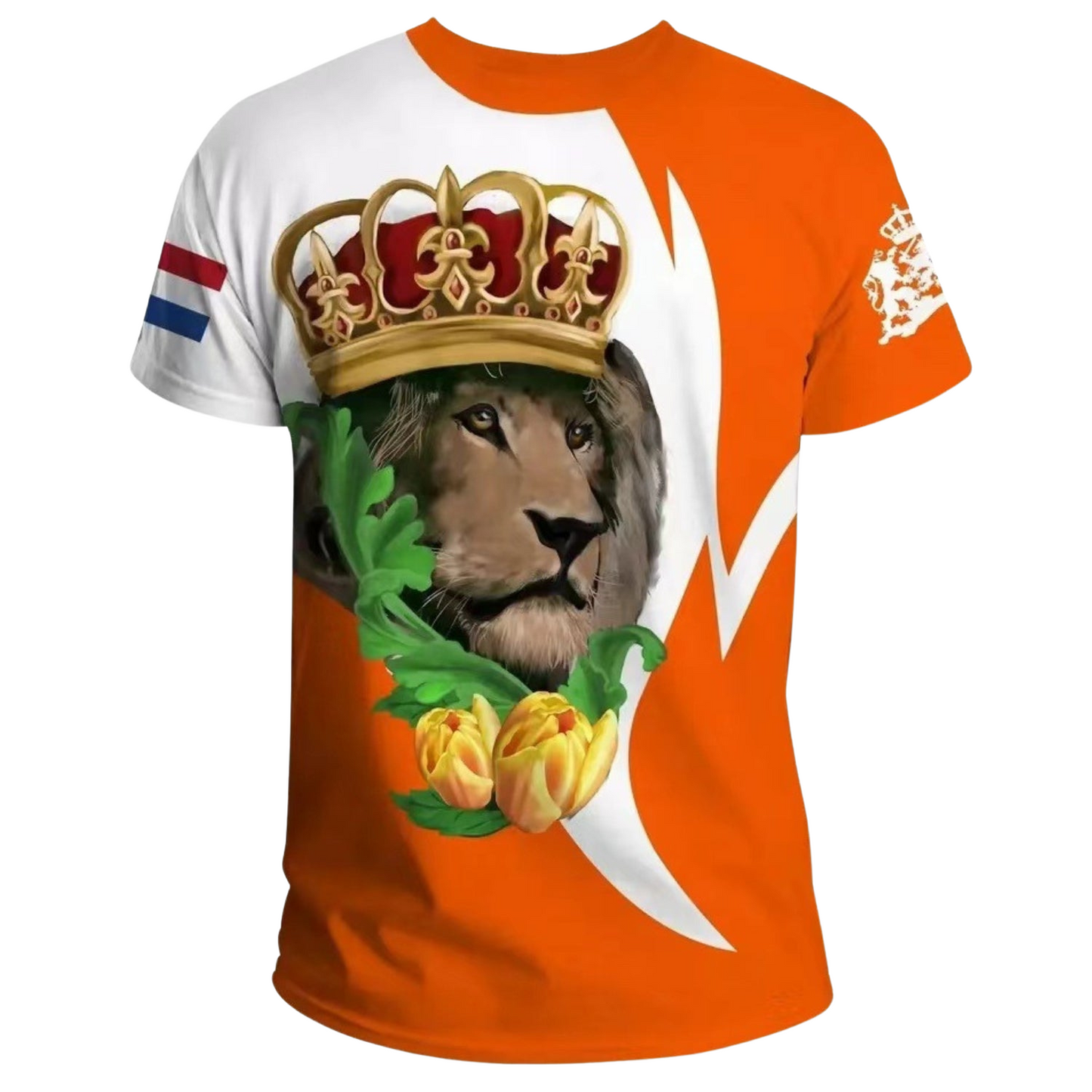 "Oranje Koningsdag T-shirt heren, levendige kleur, oversized fit, ademend polyester, iconische print, vieringen."