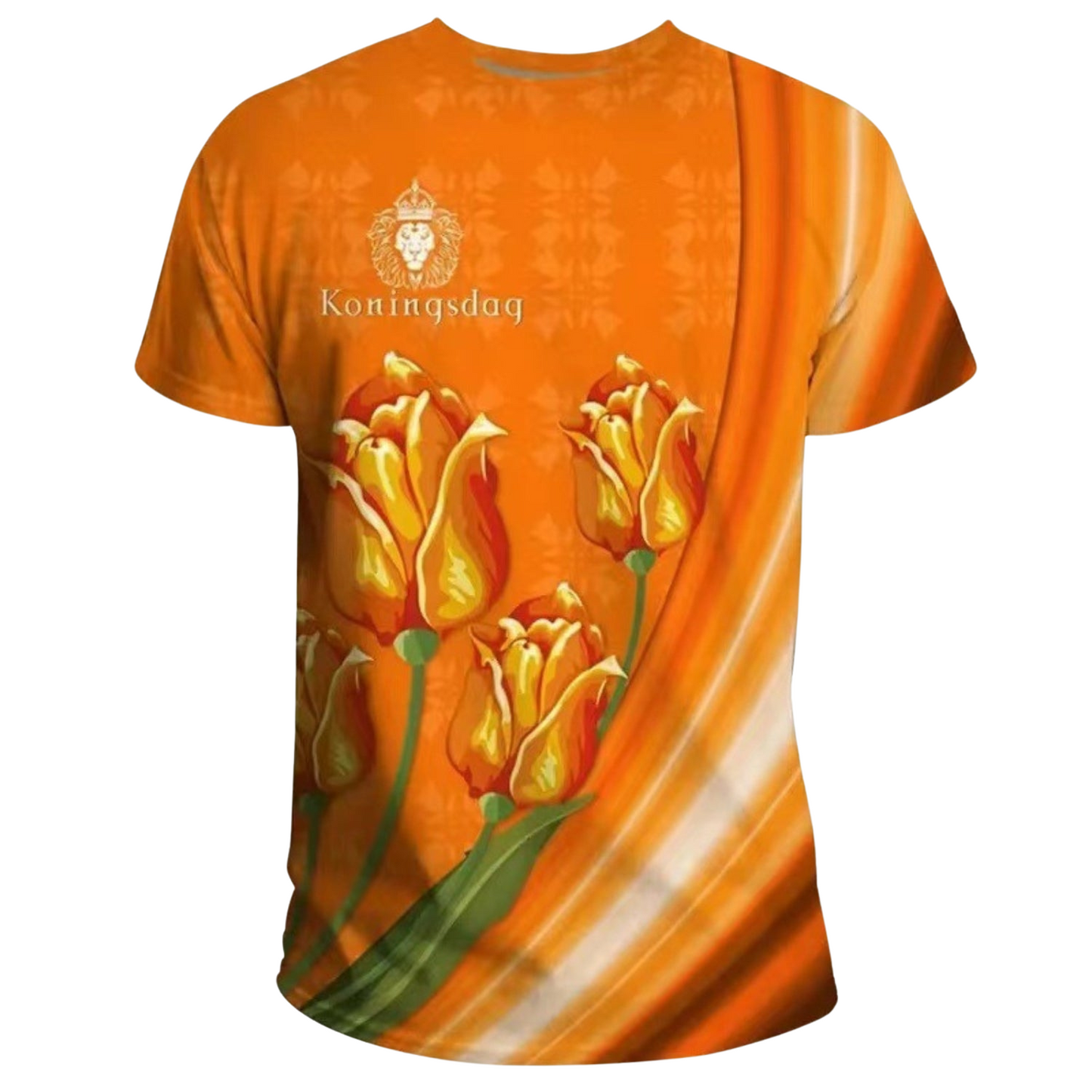 "Oranje Koningsdag T-shirt heren, levendige kleur, oversized fit, ademend polyester, iconische print, vieringen."