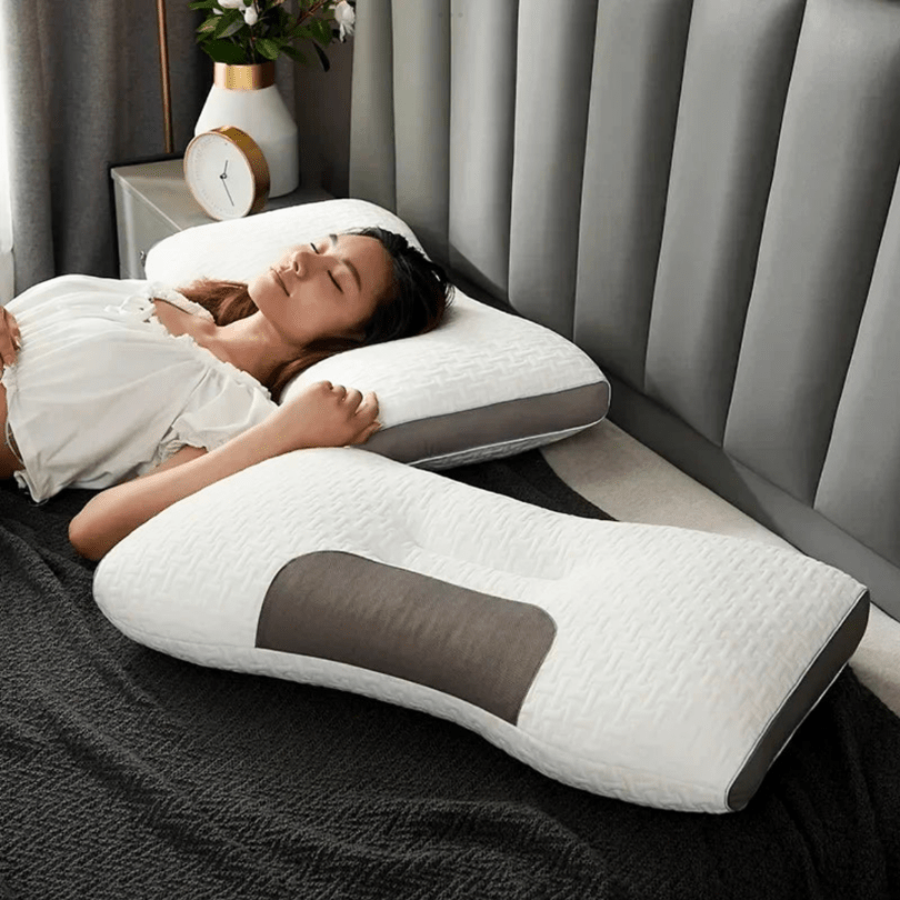 "Orthopedisch hoofdkussen, wit, ergonomisch ontwerp, verlicht nek- en rugpijn, geschikt voor diverse slaapposities."