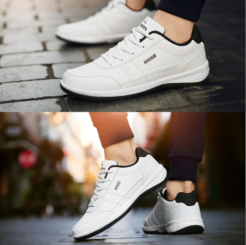 "Orthopedische herensneakers, blauwe ademende stof, dempende zool voor comfort en ondersteuning bij dagelijks gebruik."